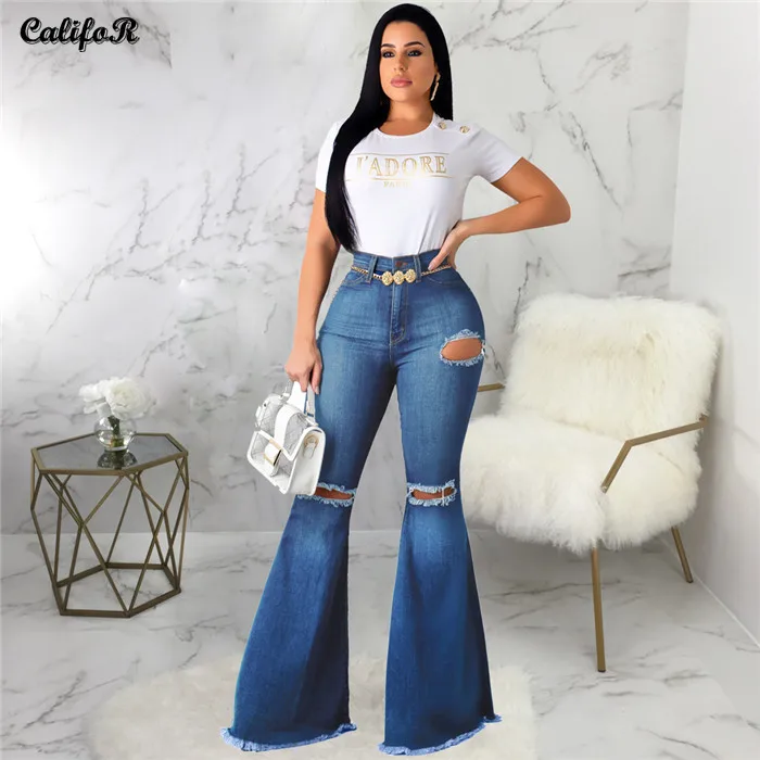 

High Waist Ripped Jeans Plus Sizes Streetwear Women Trousers Korean Fashion Flare Pants Casual Female's Fashion Wide Jeans 2021