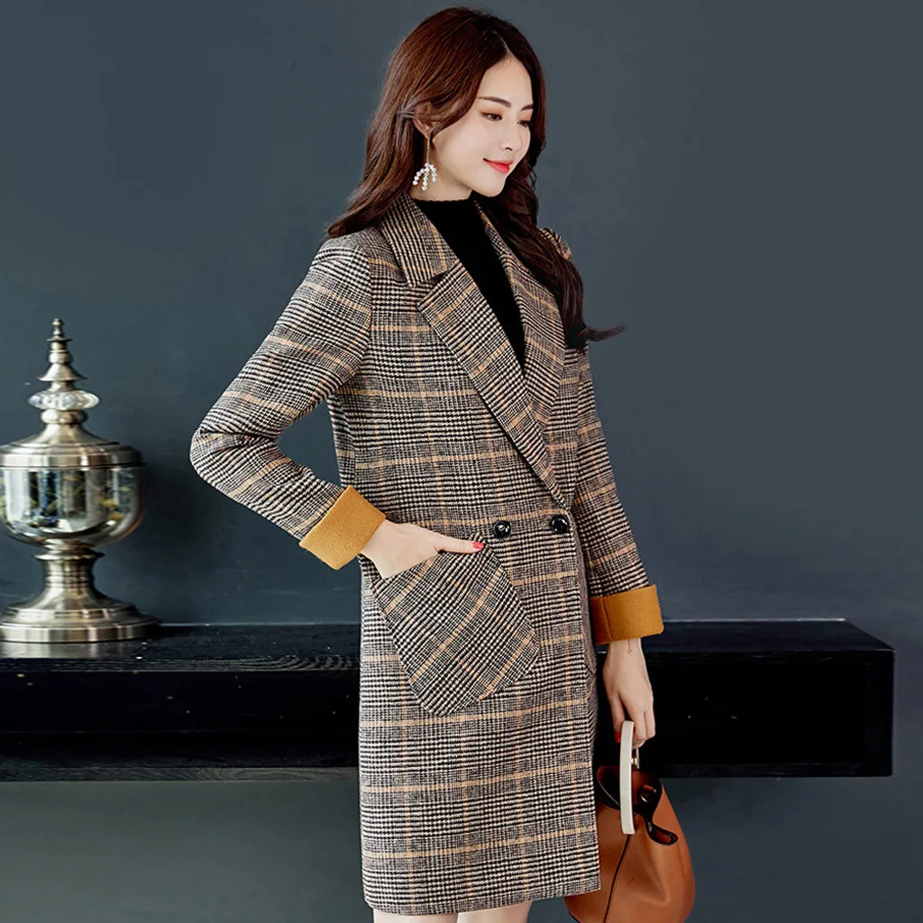 

Women Outwear Warm Coat Long Collar Slim Jacket Check Pattern Woolen Coat long sleeve Winter Solid color Coats Plus Size 2020