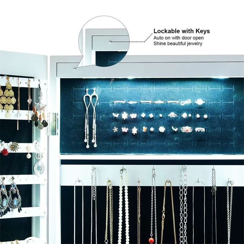 

Wall Mounted Lockable Mirror Jewelry Cabinet with LED Light HW65736