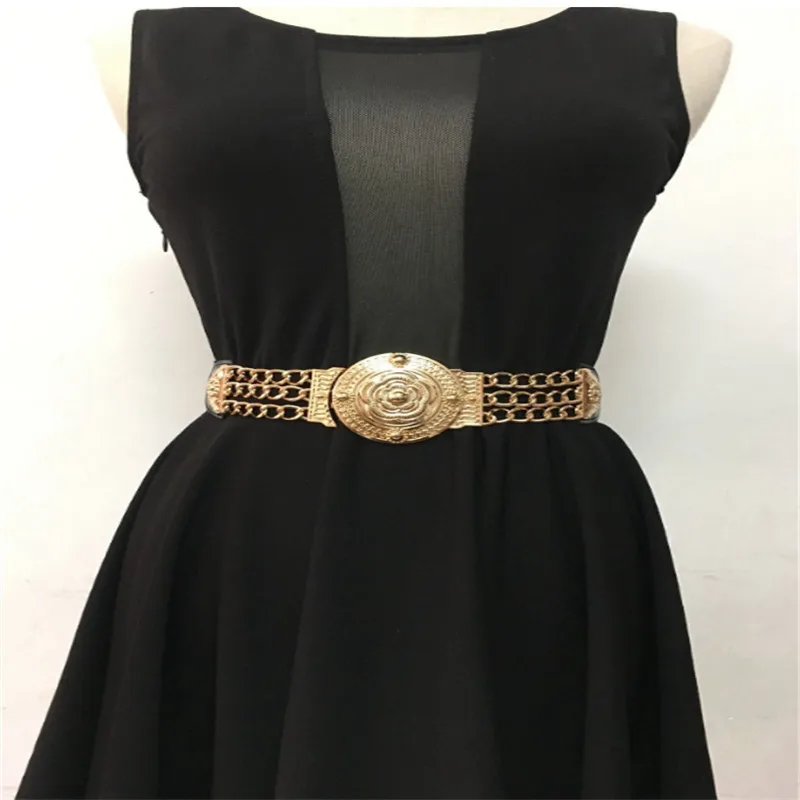

2021 Women Flower Gold Belts Fashion Ladies Floral Elastic Metal Women Waist Belt For Dress Female Golden Chain Belt