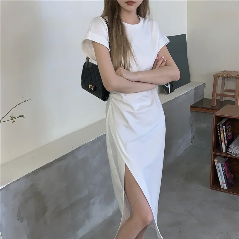 

Chic New Summer Korean Clothes Vintage Simplicity Women's Clothing A-LINE Ankle-length Trend Fashion Split Fork O-Neck Dresses