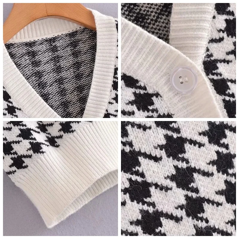 

Black Plaid Cardigan Sweater 2021 AW plaid sweater cardigan Women V neck Cropped Knitting Jumper sweater coats