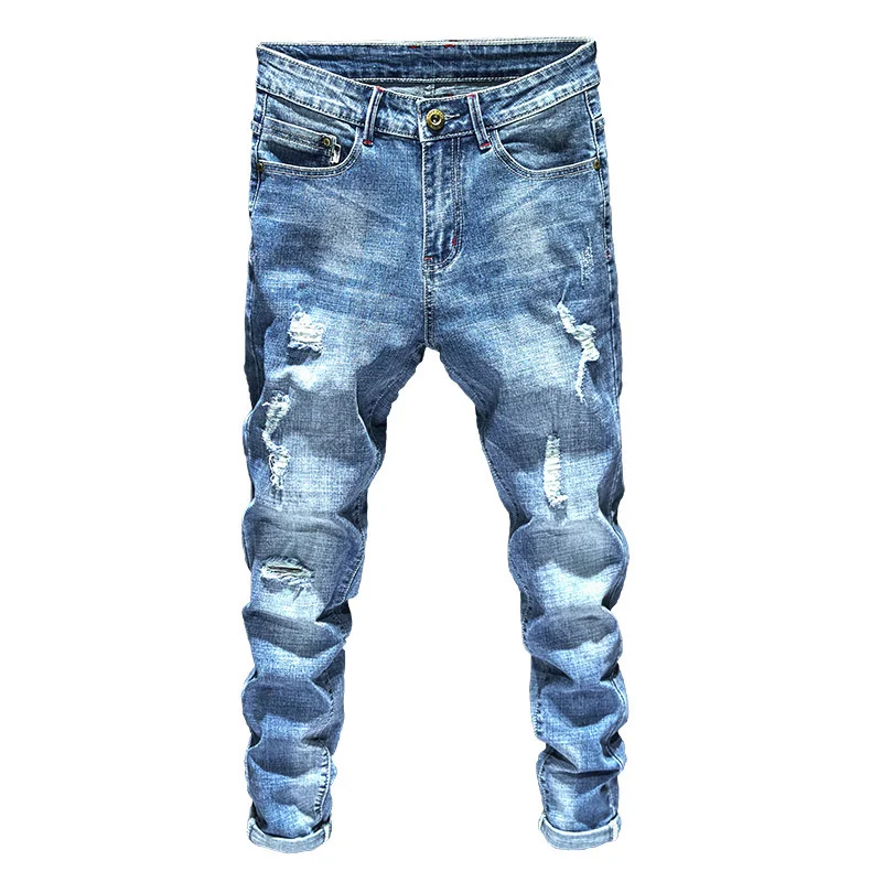 

Men's waistband jeans, elastic tight jeans, light blue, fashion