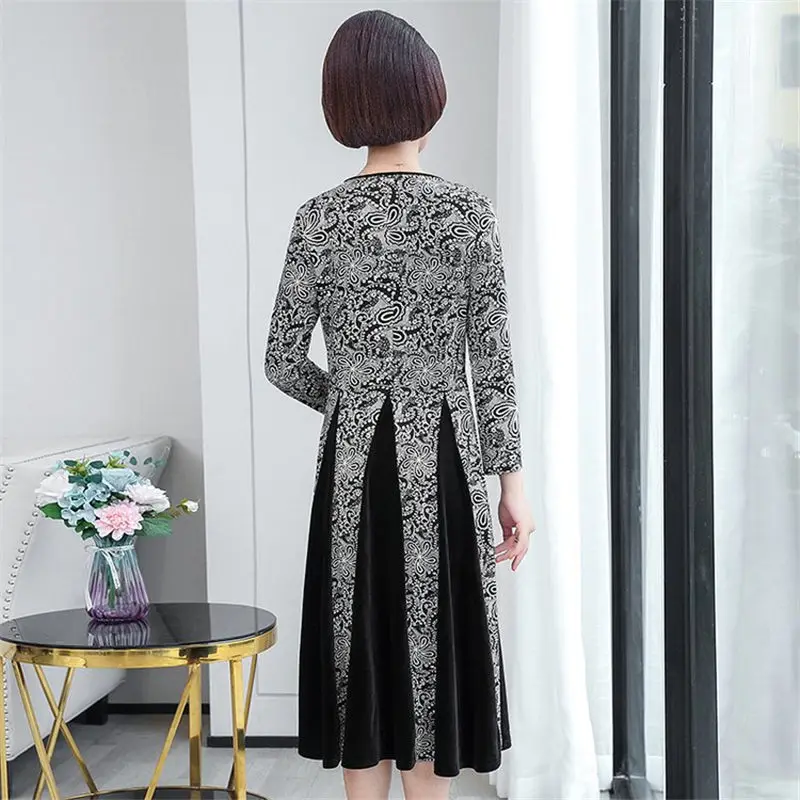 

Women Dress 2020 New Middle-aged Spring and Autumn Long-sleeved Dresses Casual Fashion Elegant Plus Size Print Vintage Robe K161