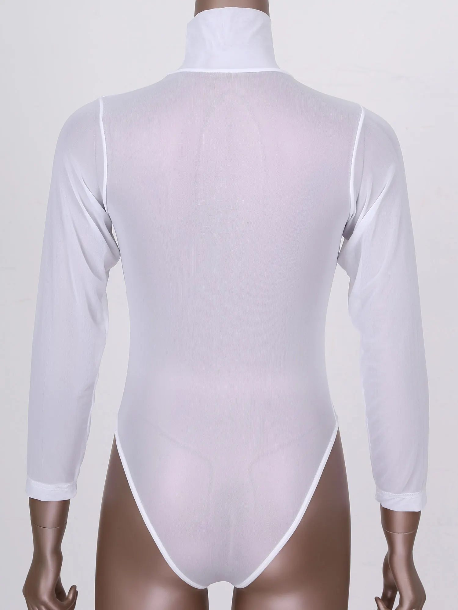 

Womens Lingerie Sexy See-through Mesh Bodysuit One-piece Skinny Jumpsuits Nightwear High Neck Long Sleeve Leotard Sexy Clubwear