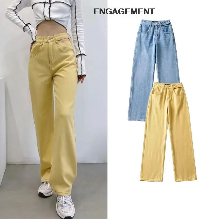 

ENGAGEMENT Za 2021 Trafaluc Commuter waist scheming hollow design denim trousers autumn women pocket wide-leg pants