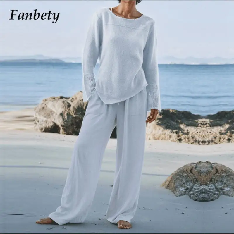 

2021 Autumn Fashion Female Loose Outfit Elegant Solid O Neck Long Sleeve Tops+Long Pants Suits Casual Harajuku Women 2 Piece Set