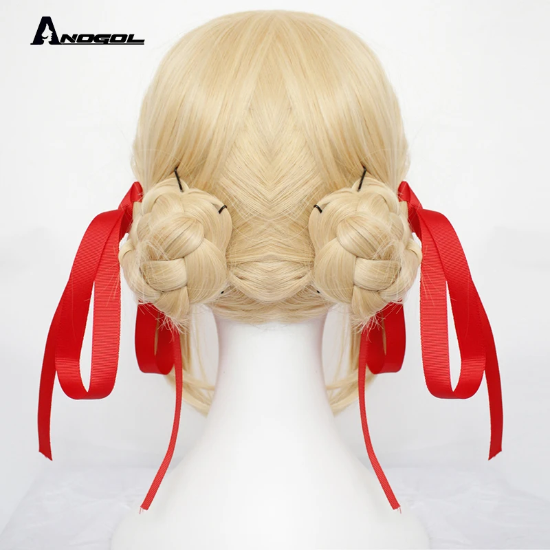DM1810866 Anogol, новинка, фиолетовый, эвергарден, парики, длинные, волнистые, блонд, синтетические волосы, Perucas, косплей, парик для Хэллоуина, вечерние, костюм+ шапка - Цвет: DM1810866