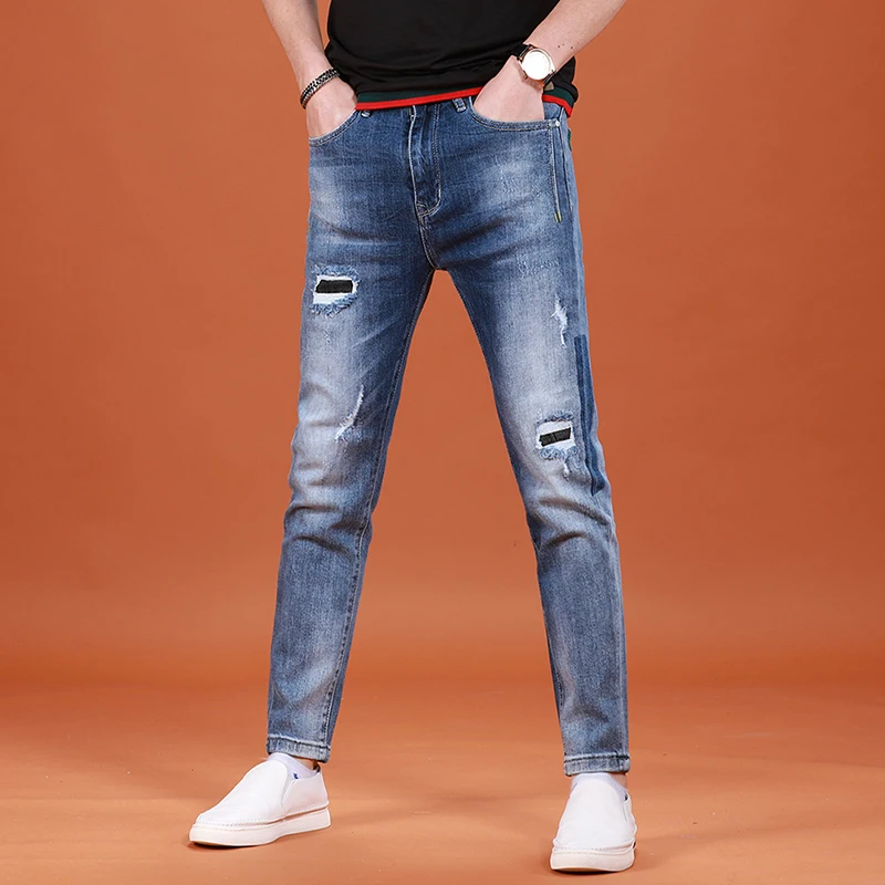 

Summer Mens Blue Ripped Jeans Men Casual Patches Jean Slim Fit Ankle-Length Pants Korean Style Streetwear Denim Trousers