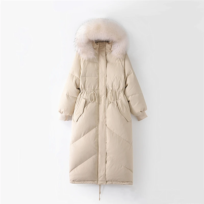 Winter white duck down jacket large fur collar hooded extended zipper cardigan long sleeve coat thickened gray straight jacket