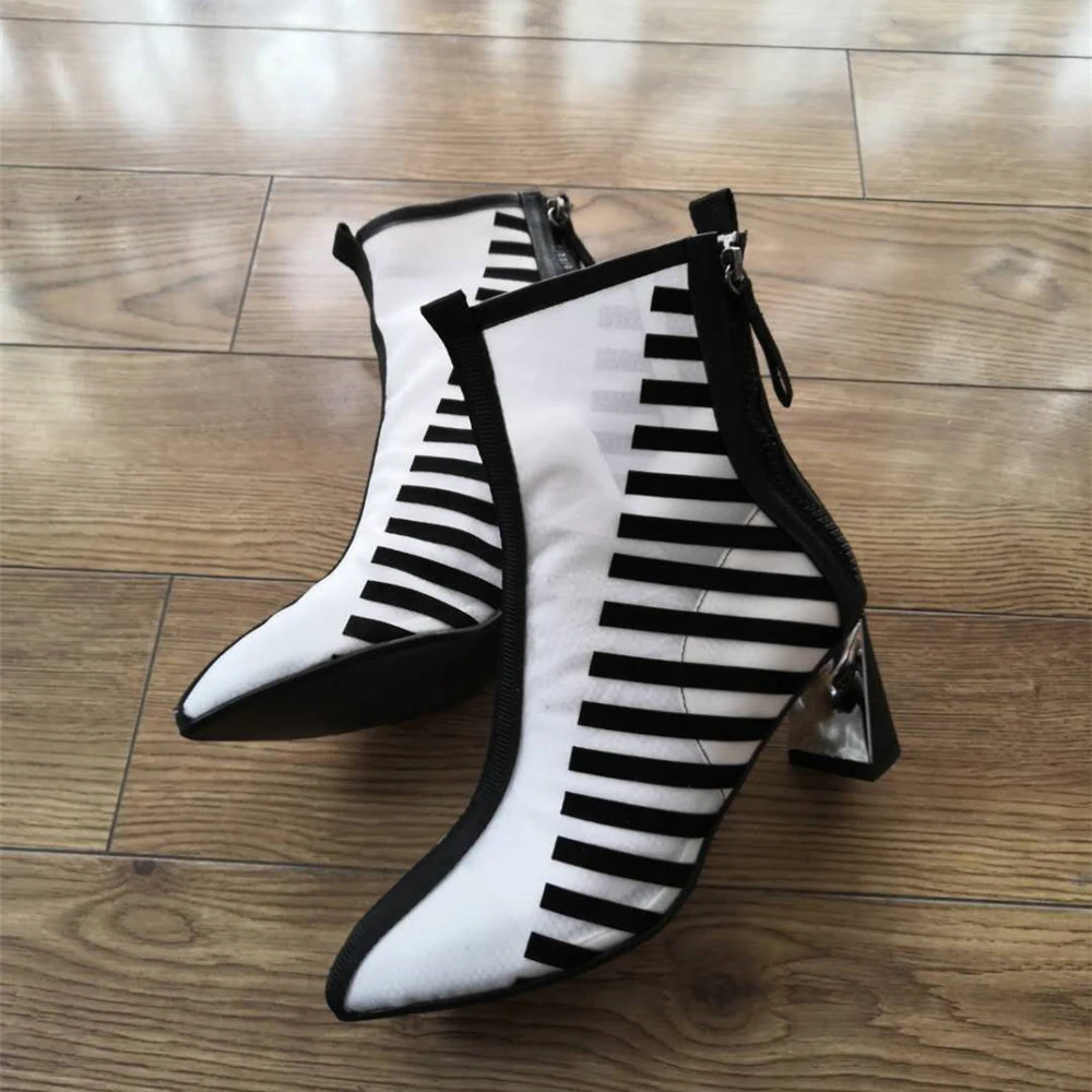 Сетчатые ботинки с острым носком Короткие женские в полоску Туфли лодочки на
