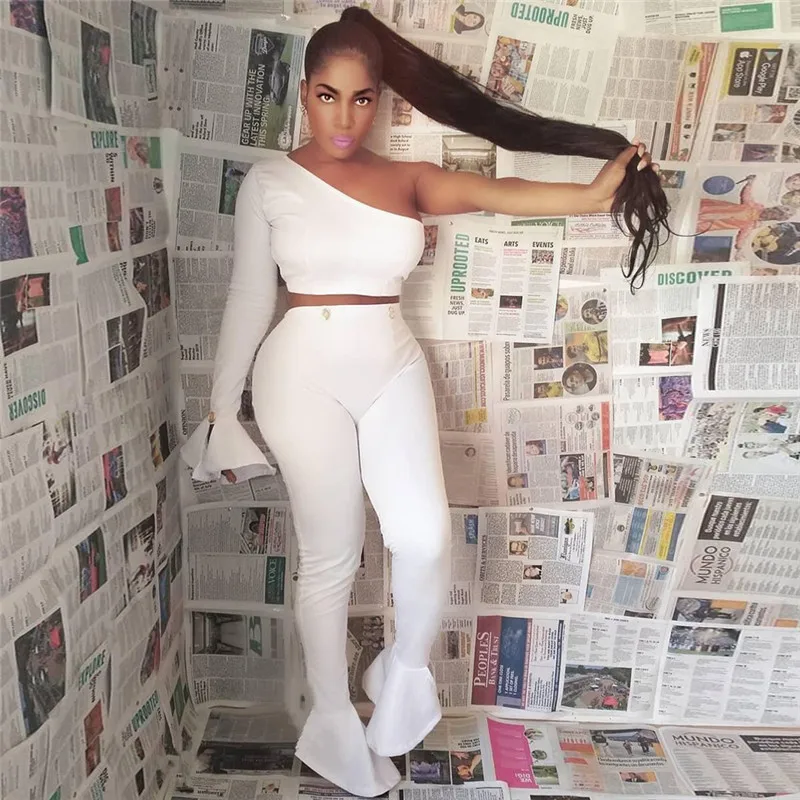 Осенний женский костюм Adogirl на одно плечо топ с расклешенными длинными рукавами +