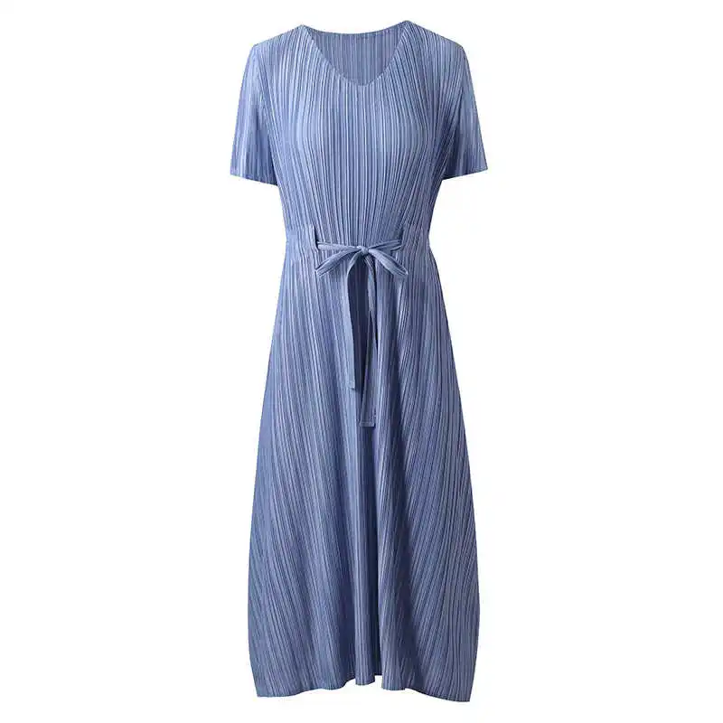 

LANMREM Summer New Dress Women 2021 Fashion Pleated Loose Casual Medium Long Dresses With Drawstring Gifts For Her 2D5037