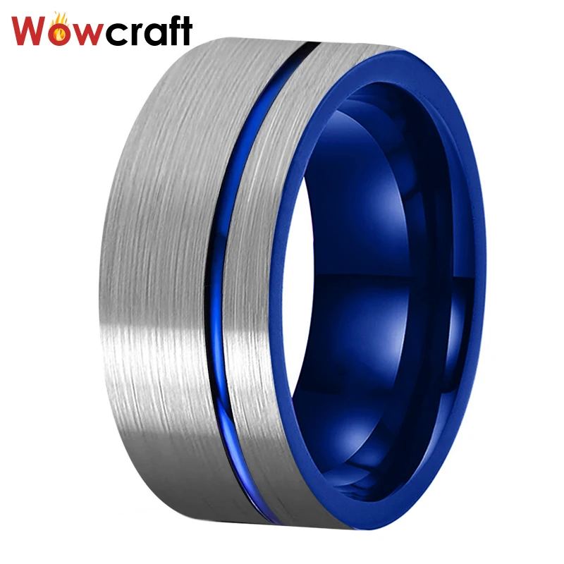 10mm Men Tungsten Ring Blue Wedding Bands Brushed Finish Offset Grooved Pip Cut Comfort Fit