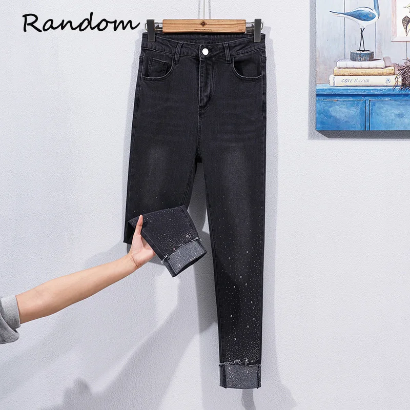 

2021 New High Waist Stretch Elastic Women Denim Skinny Rhinestone Distressed Cotton High Street Pencil Jeans Plus Size Black