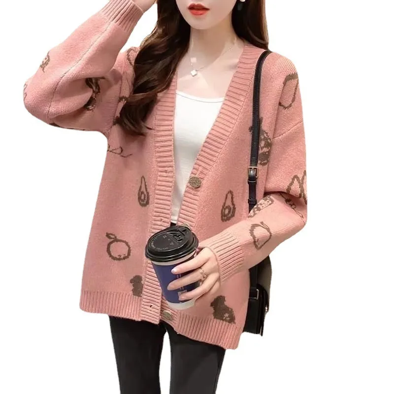 

Повседневный вязаный кардиган, свитер, куртка для женщин, новая мода 2021 года, свободная куртка с v-образным вырезом и длинным рукавом, с мульт...