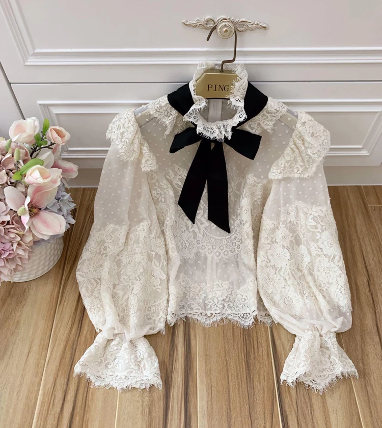 Red RoosaRosee Runway Designer Elegant Autumn Women Floral Applique Stand Collar Polka Dot Long Lantern Sleeve Shirt Tops Blouse