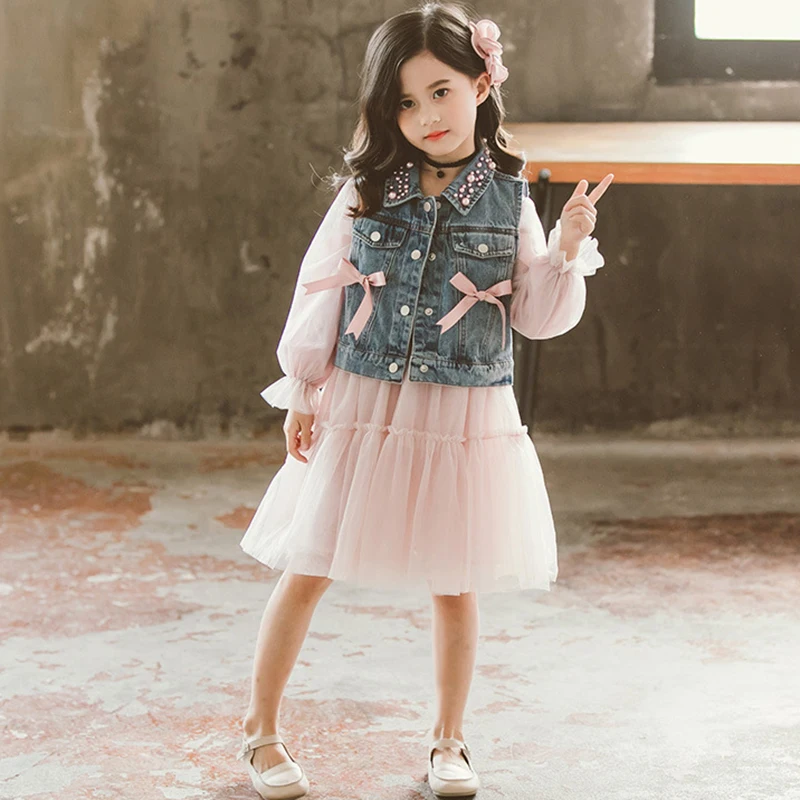Комплект одежды для девочек джинсовый жилет с жемчугом розовое платье длинным