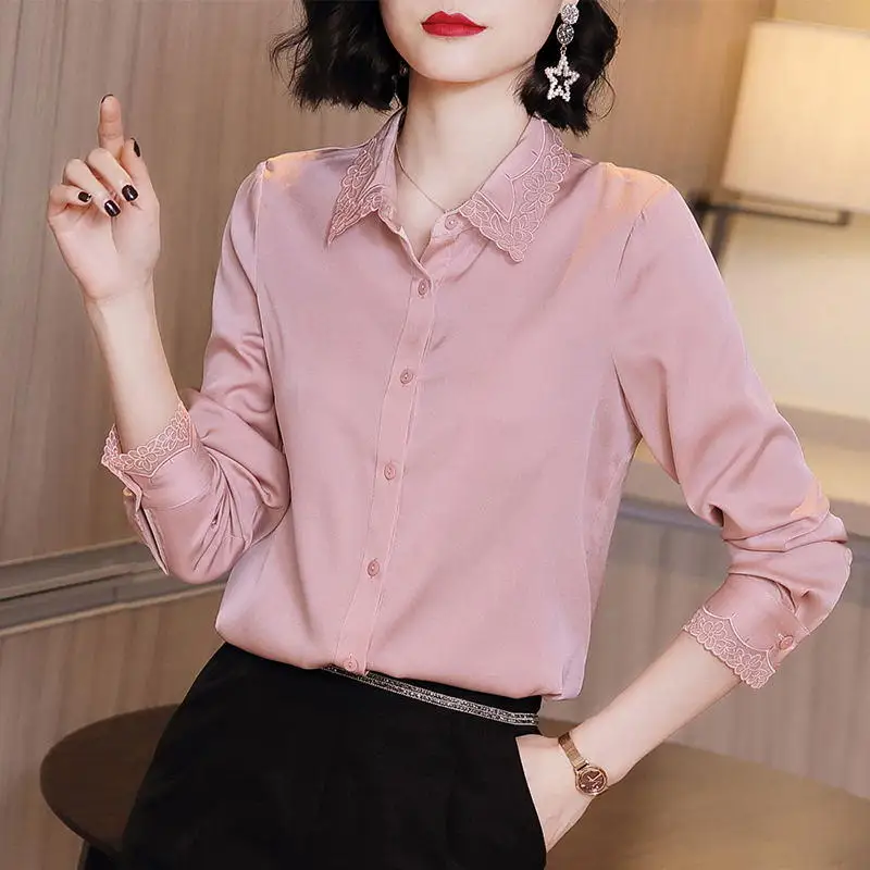 

Fashion Silk Shirt Blouse Women Elegant Casual Solid High Street Office Lady Tops Mujer Long Sleeve Pink Blusas Feminina Q4704
