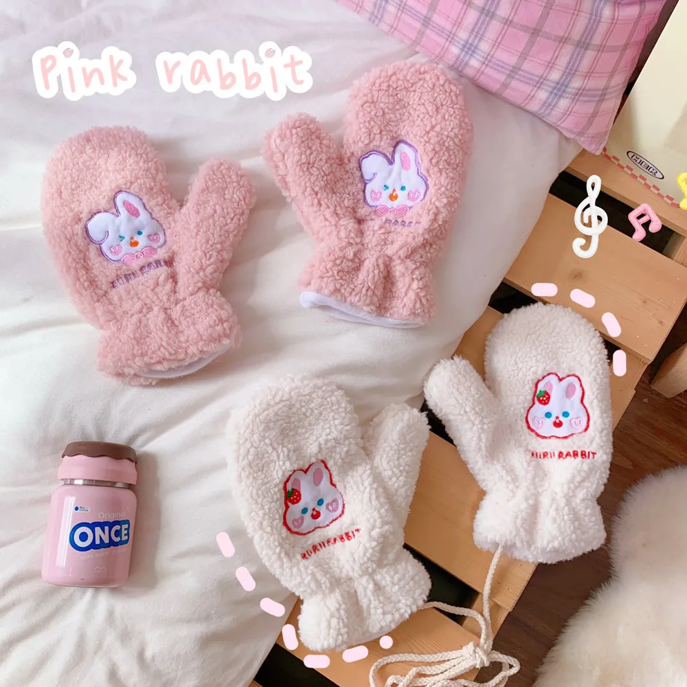 

Женские зимние перчатки в Корейском стиле, теплые плюшевые розовые подвесные митенки с пальцами, детские перчатки для верховой езды