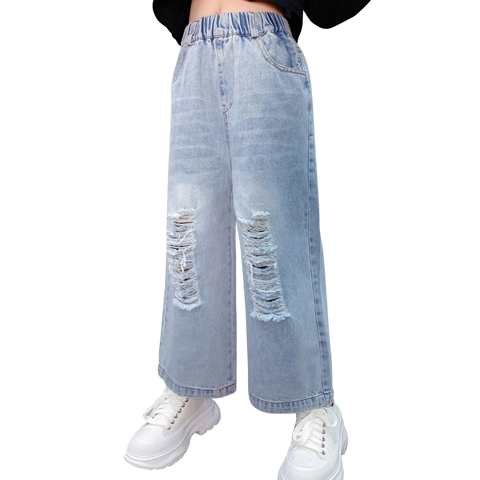 

Kids Girls Fashion Long Pants Stylish Super Soft Clothing Elastic Waistband Pockets Ripped Denim Solid Color Casual Loose Pants