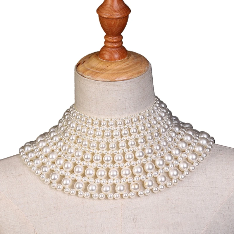 

Elegant Jewelry Bib Choker Necklace Vintage Luxurious Fanshaped Pearl Beaded Body Chain Shawl Collar Layered Statement