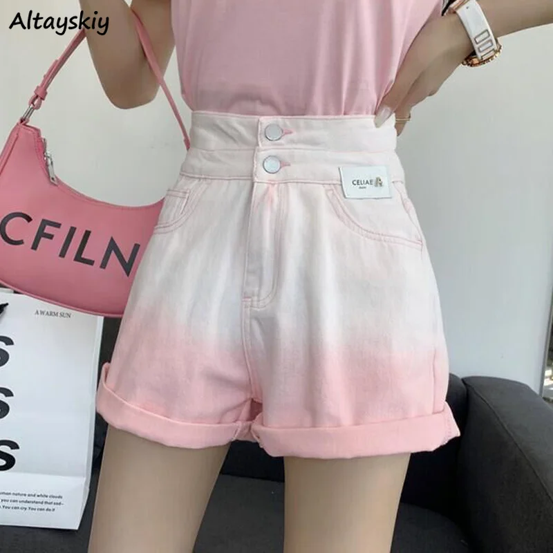 

Women Distressed Denim Shorts High Waist Gradient Color Fashion Vintage Patches Ulzzang Teens Elegant All-match Wide Leg Leisure