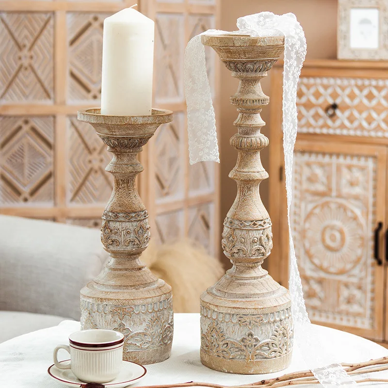 

resin hand carving retro antique wood pillar candle holders