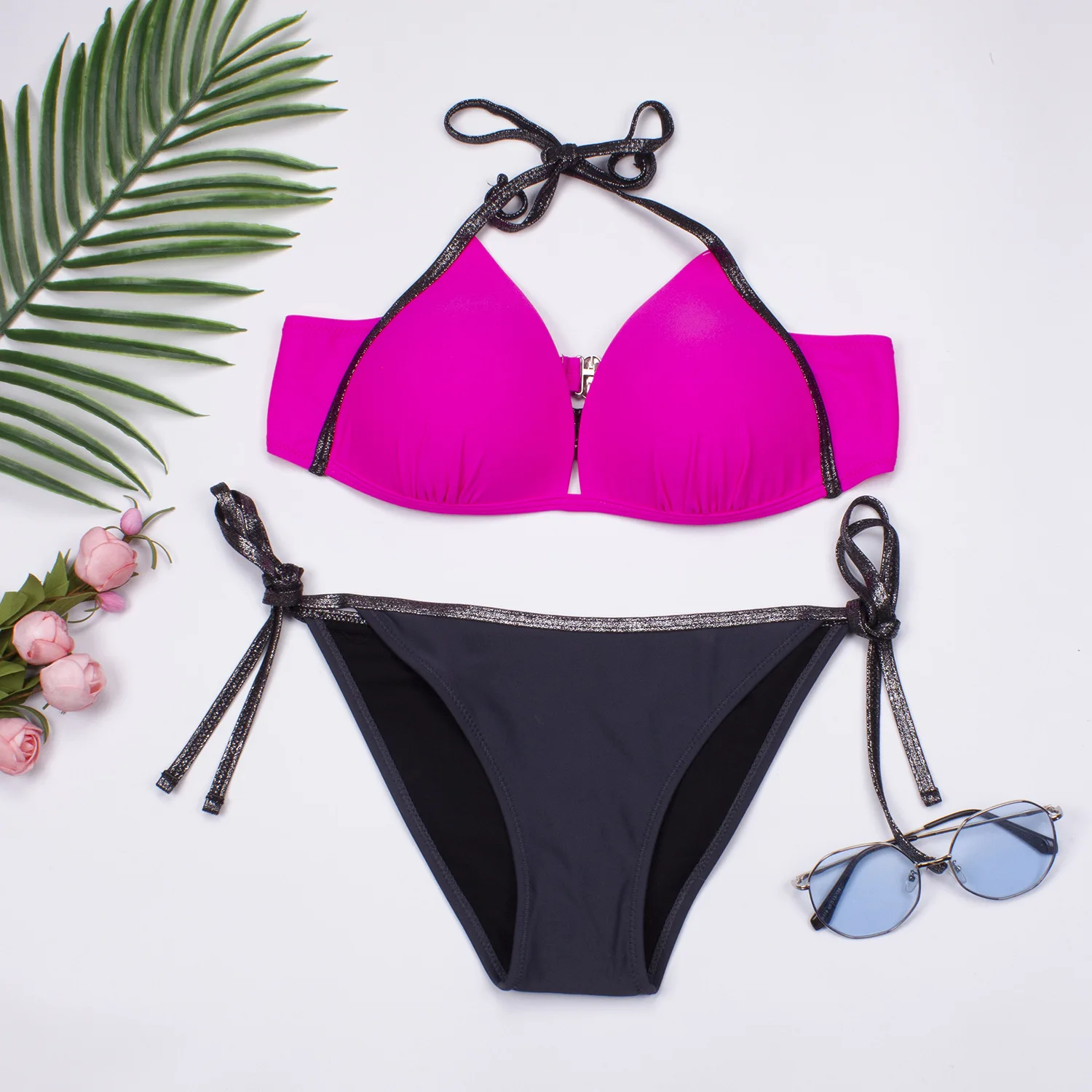 

2021 swimsuit new sexy ladies split swimsuit solid color European and American swimsuit bikini 2 piece bikini set swimwear women