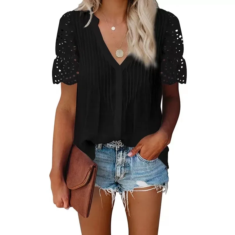 

Sexy V-Neck Lace Shirt Blouse Spring Summer Short Sleeve Ladies Shirt Casual Women Solid Pullover Tops Blusa Streetwear