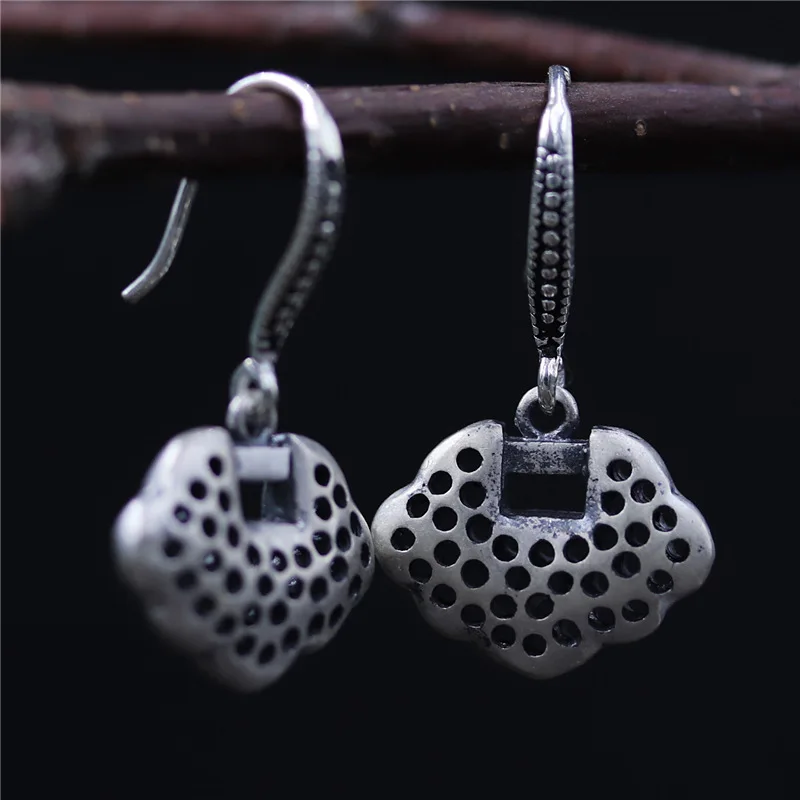 Серебро 925 пробы старинное ремесло долголетие серьги с замком лучшее
