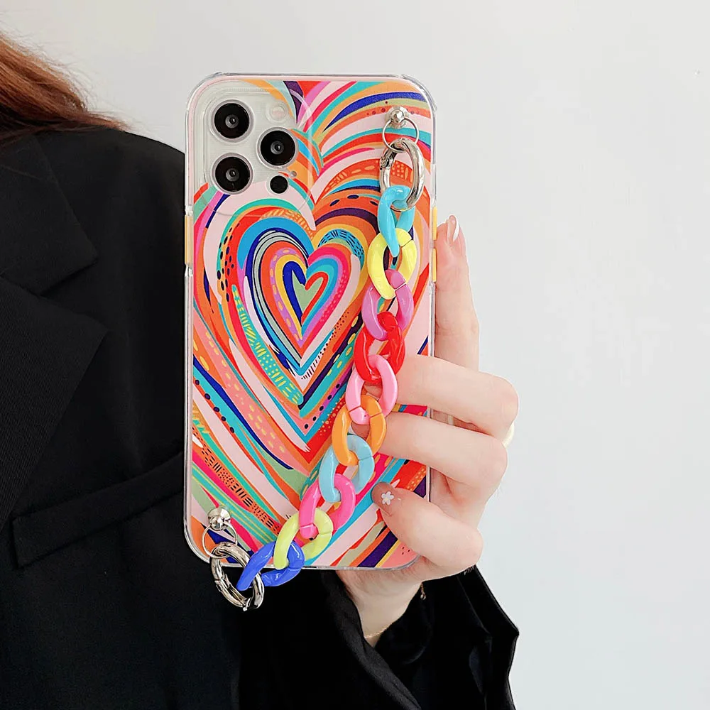 Мягкий телефонный чехол с цветным сердцем для iPhone 12 Pro XS Max 7 8 Plus XR X браслетом и
