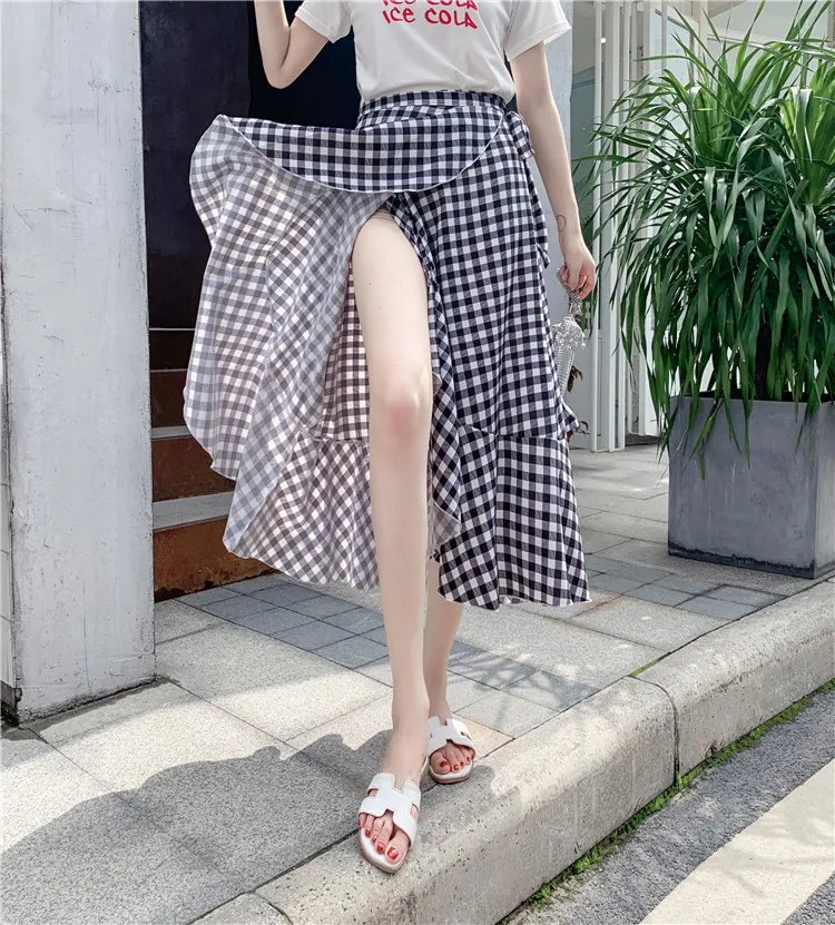 

Vintage Irregular Ruffled Plaid Womens Skirts Summer 2020 Bow Tie Elastic High Waist Casual Streetwear Female Wrap Skirts