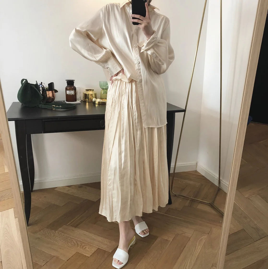 Женская плиссированная шелковая юбка миди Элегантная атласная макси с высокой