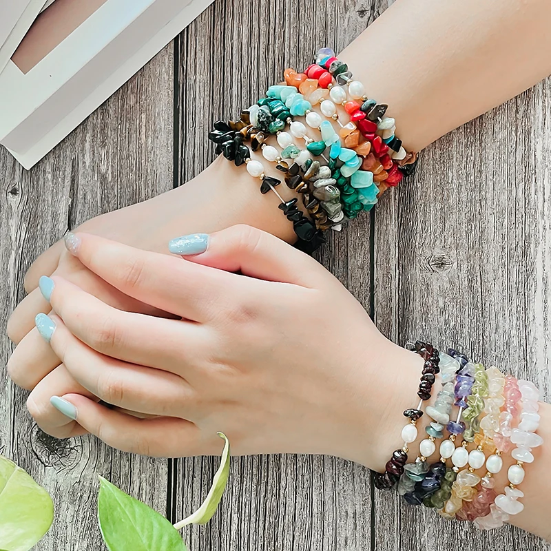 Vintage Natural Stone Bracelets for Women Gravel with Pearl Bracelet Handmade Strand Fashion Jewelry Gift | Украшения и