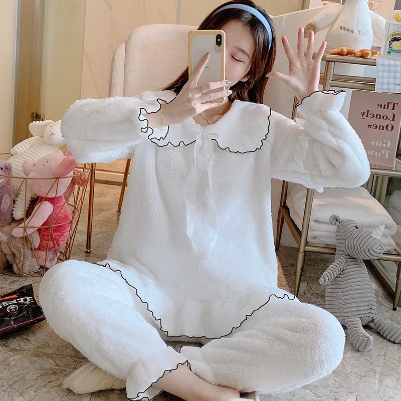 

Autumn Winter Thicken Warm Flannel Pajamas Set for Women Solid Color Female Sleepwear Sweet Girls Christmas Long Sleeve Homewear