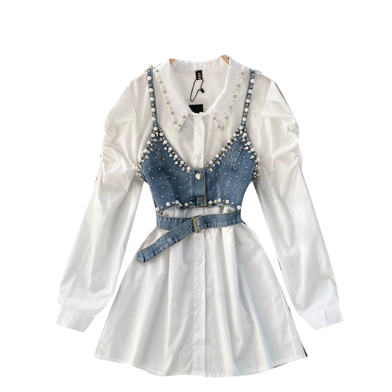 

Spring 2021 New Temperament Blouse Female Lapel Beaded Stacking Bead Blusa Sling Waistcoat C Fashion Two-piece Shirt