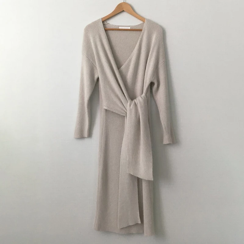 Korean Belted Cashmere Sweater Dress Women Office Lady V Neck Knitted Winter Warm Thick Party Plus Size Loose V953 | Женская одежда