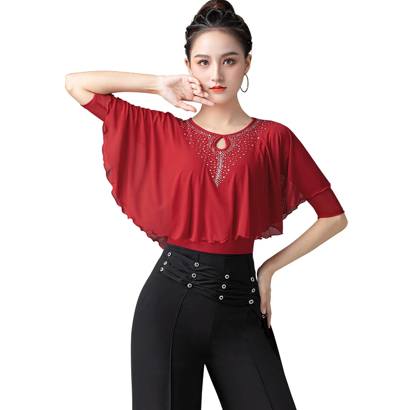 

Women Latin Dance Tops 2021 New Middle Sleeve Modern Ballroom Belly Dance Clothes Elegant Female Practice Training Clothes