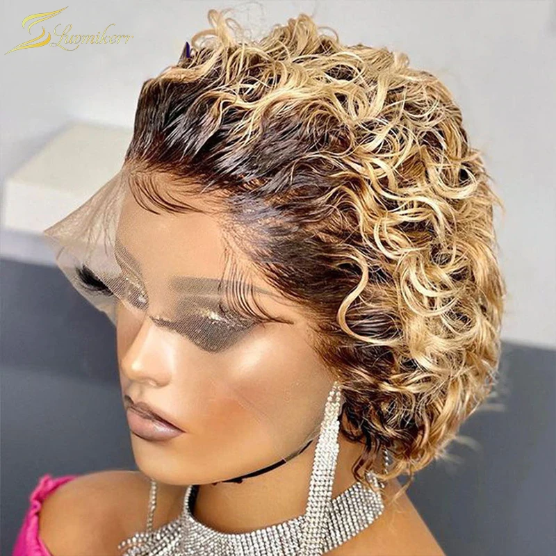 

Ombre Honey Blonde Short Pixie Cut Bob Wig Lace Front Human Hair Wigs For Women Kinky Curly Colored Preplucked Lace Frontal 13x1