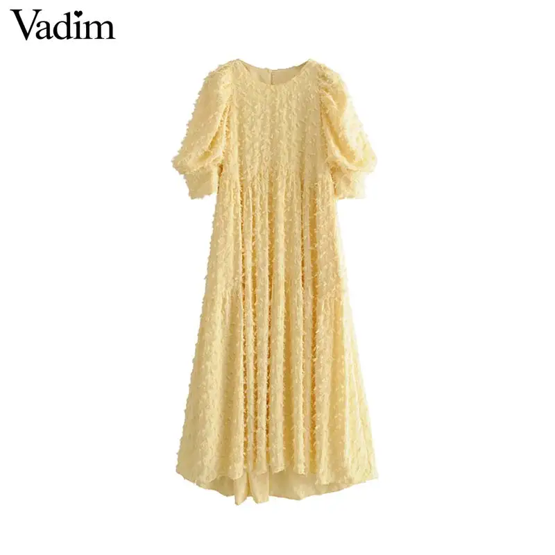 Vadim милый женский желтое платье средней длины с круглым вырезом и карманом