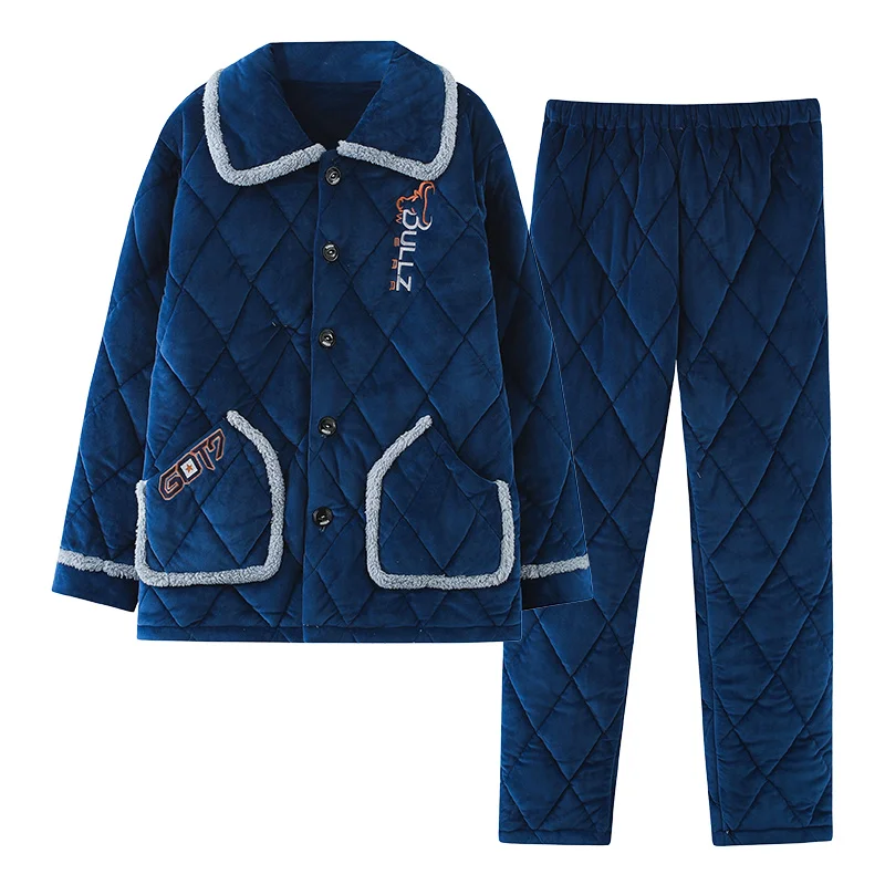 Newest Winter Thick Warm Men Clip Cotton Pajamas Set Long Sleeve Turn-down Collar Cardigan Loose Soft Male Homewear