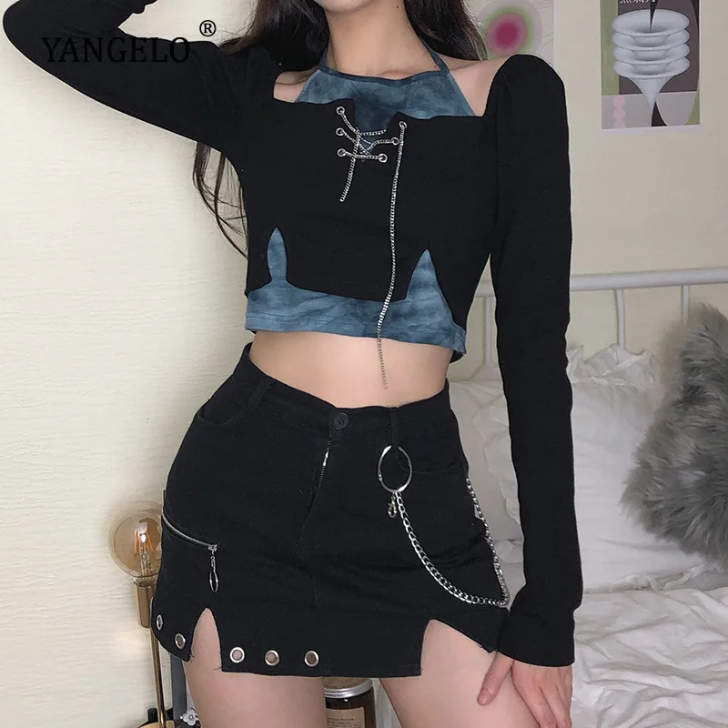 

Yangelo Women's T-shirts Autumn Crop Tops Harajuku Y2K Black Tops Dry Tie Chains Pullover Grunge Aesthetic Long Sleeve Tee
