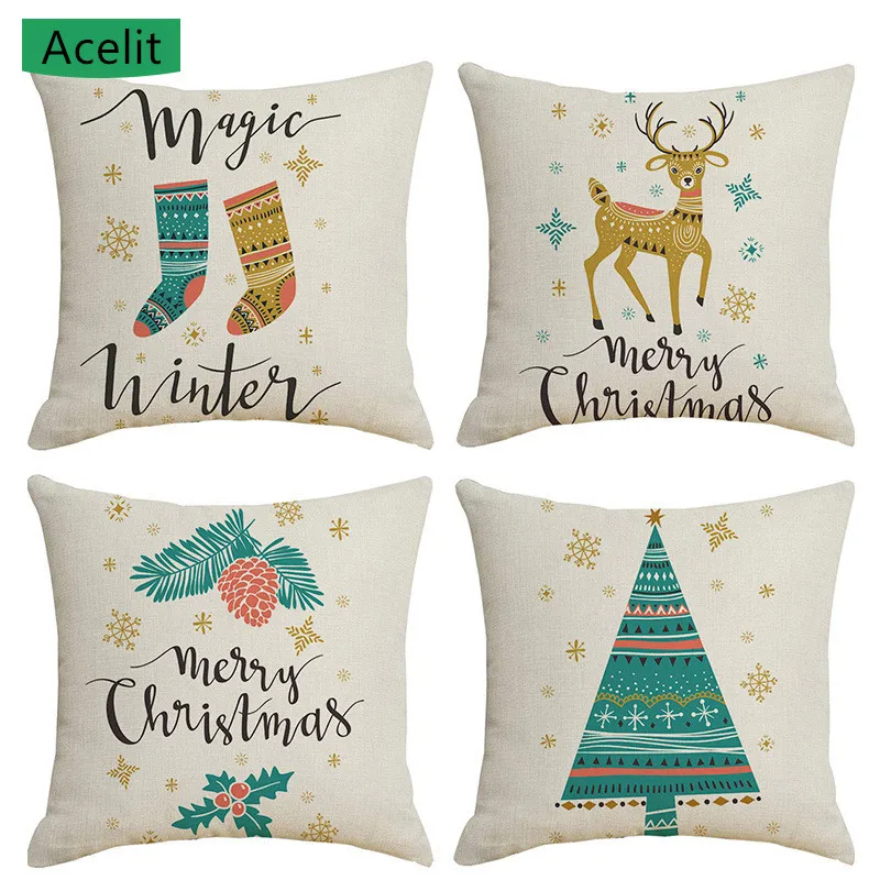 

Christmas Elk Snowflake Pillowcase Flax Pillow Case Home Decor Cushion Cases Pillow Cover New Year Xmas Cushion Covers