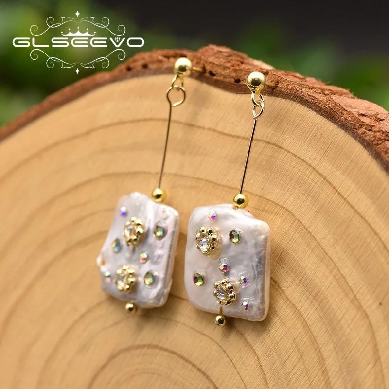 

GLSEEVO 925 Sterling Silver Geometric Baroque White Pearl Earrings For Women Engagement Luxury Jewellery Aretes De Mujer GE0835A