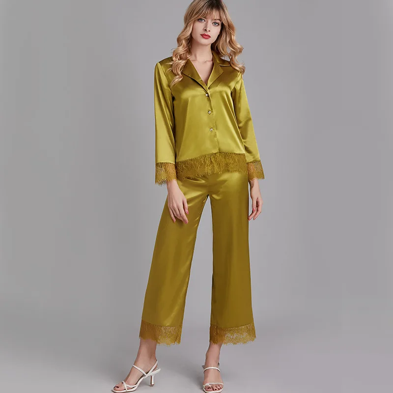 Пижамы для женщин комплект из двух предметов шелковая однотонная атласная