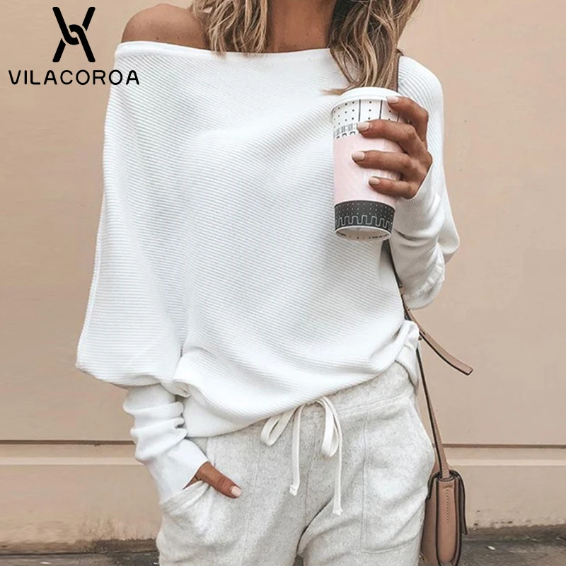 

Slash Neck White Long Bat Sleeve Women Sweater Sexy Strapless Loose Knit Pullover Streetwear Cotton Female Jumper Thin Sweater