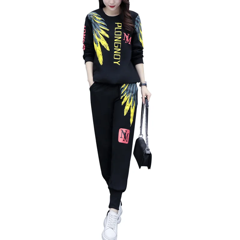 Сезон весна Женские теплые с принтом из двух частей комплект большого размера