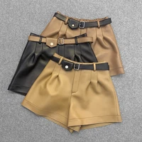 autumn high quality womens real leather belt pants new designer sheepskin genuine leather short pant c600
