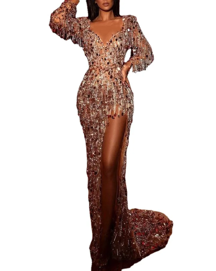 

BAZIIINGAAA Luxury Woman Cocktail Dress Beaded Sequins Long Elegant Night Cocktail Party Formal Dresses for Wedding Plus Size